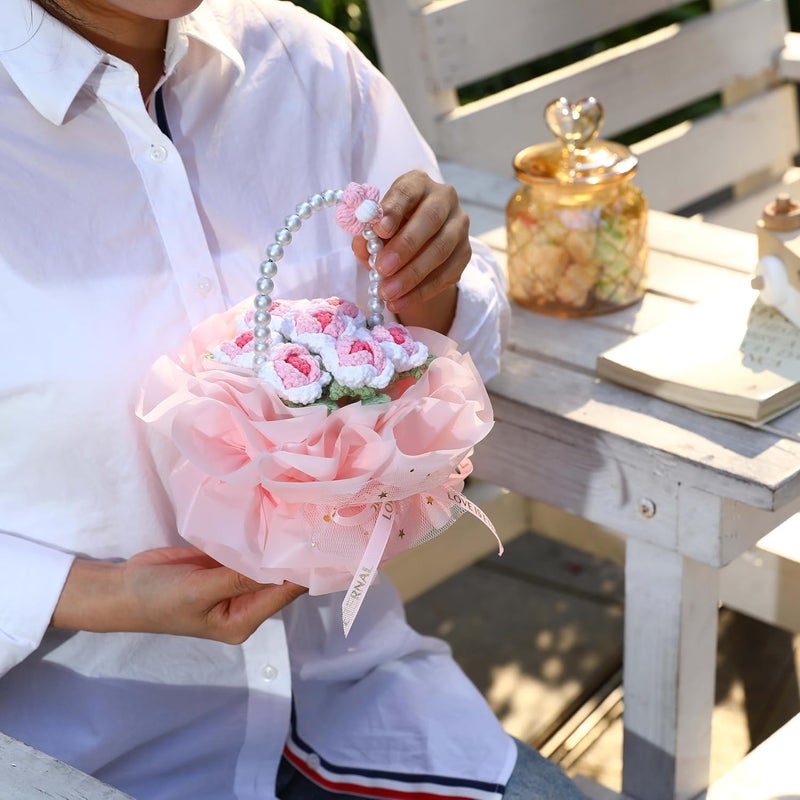 YOOJEE Crochet Flower Bouquet Pink Valentines Day Gift for Her Wife Girlfriend Women Sister Handmade Knitted Rose Basket for Mother Women Teachers Coworkers Gradient Pink Yarn Flower - Image 4